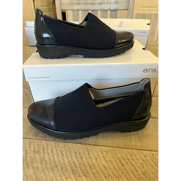 Ara Miriam Loafers Womens 6.5 G Wide Navy Slip On Comfort Patent Toe